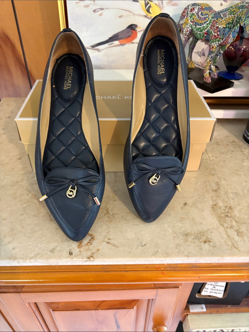 Michael Kors Navy Pointed Toe Bow Flats with MK Charm